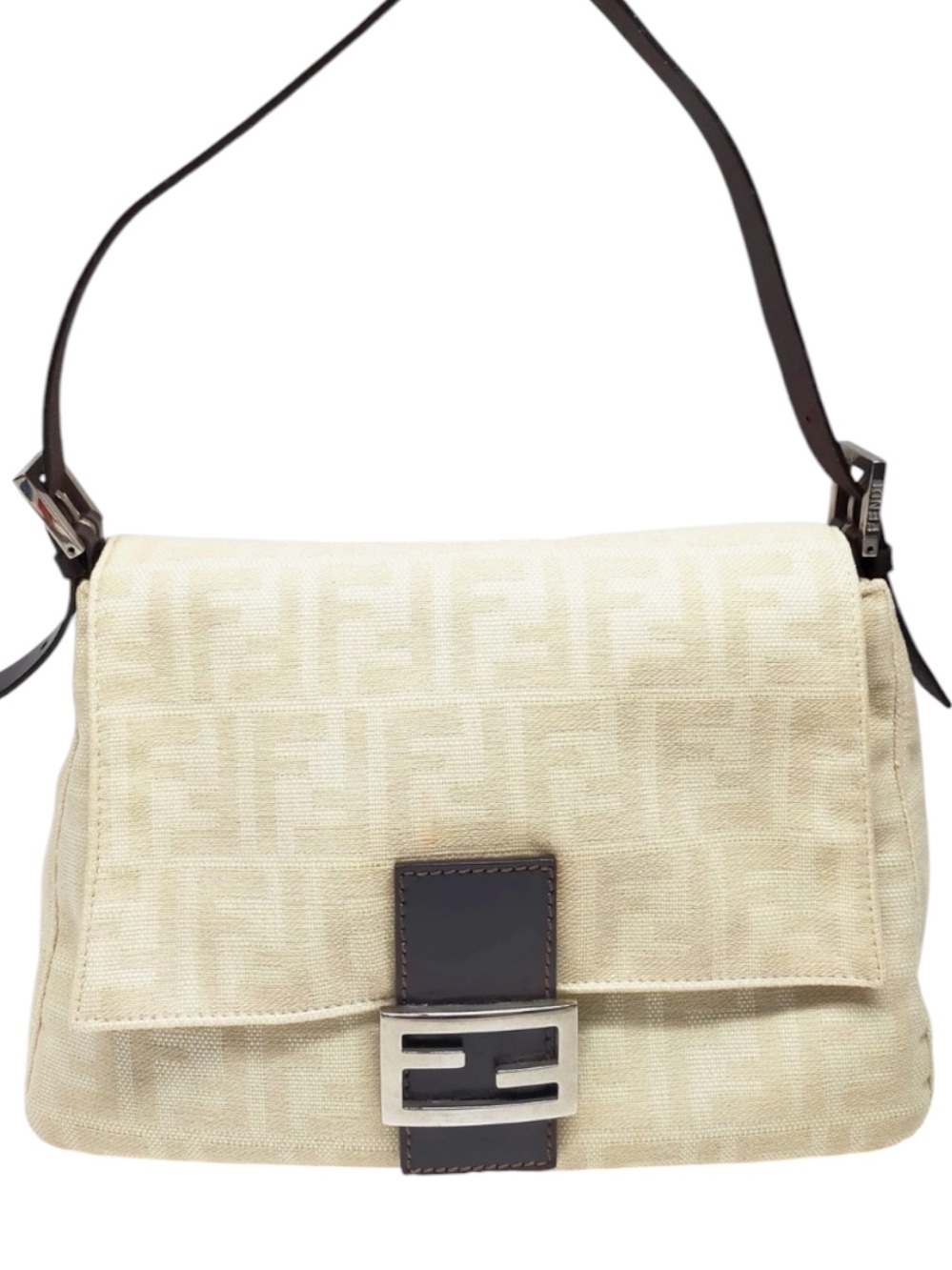 Fendi Zucchino Mama Baguette Shoulder Bag Beige Canvas & Brown Leather
